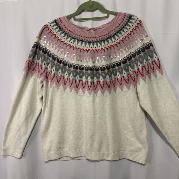 Talbots Icicle Fair Isle Sweater Cream Pink Bow Back Sequin Size XL Winter - Picture 4 of 11